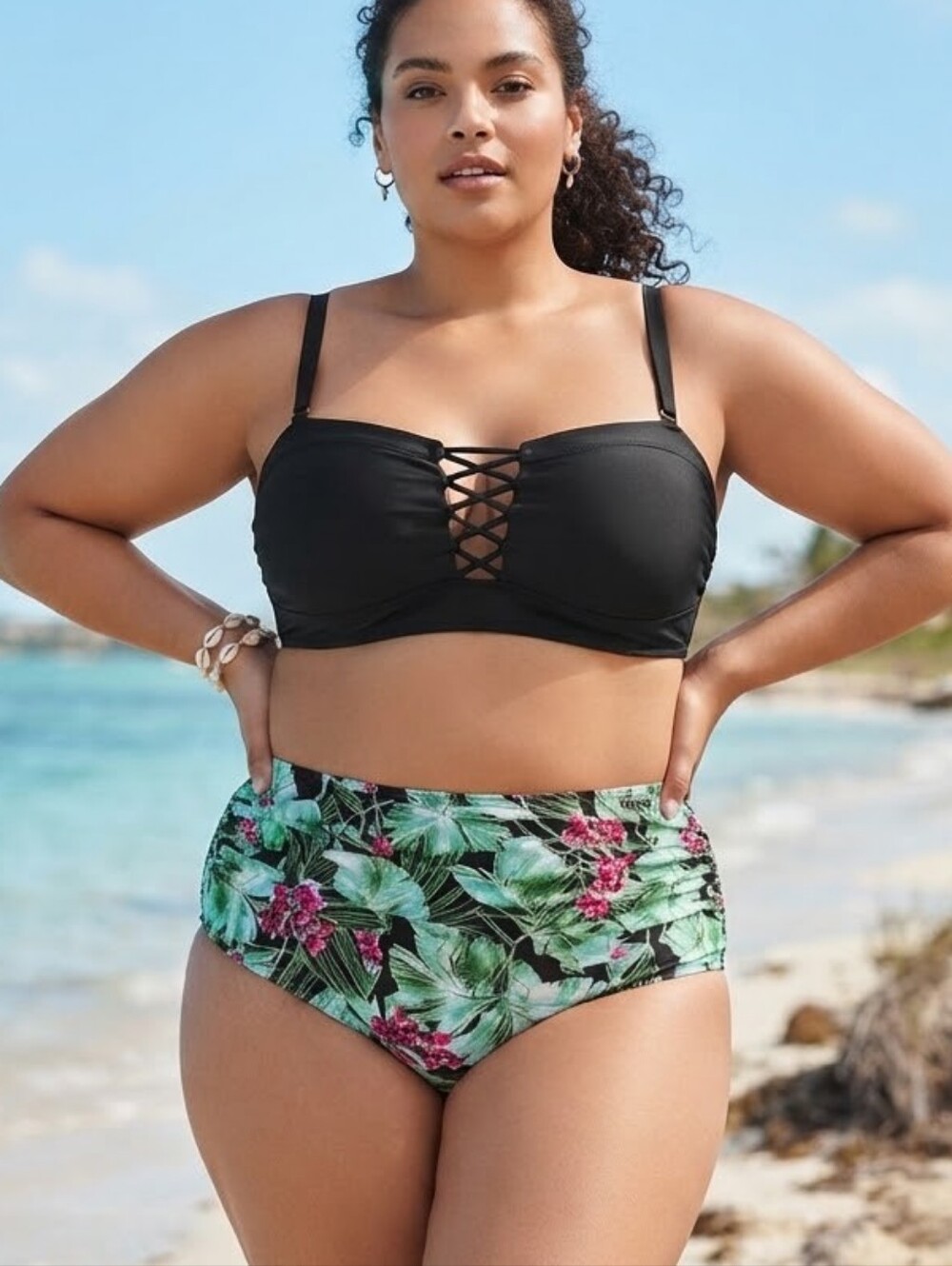 Torrid Plus Size Bikini Swimsuit Set 1X 14/16 Black Green Tropical Floral